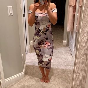 OFF SHOULDER FLORAL FITTED MIDI DRESS